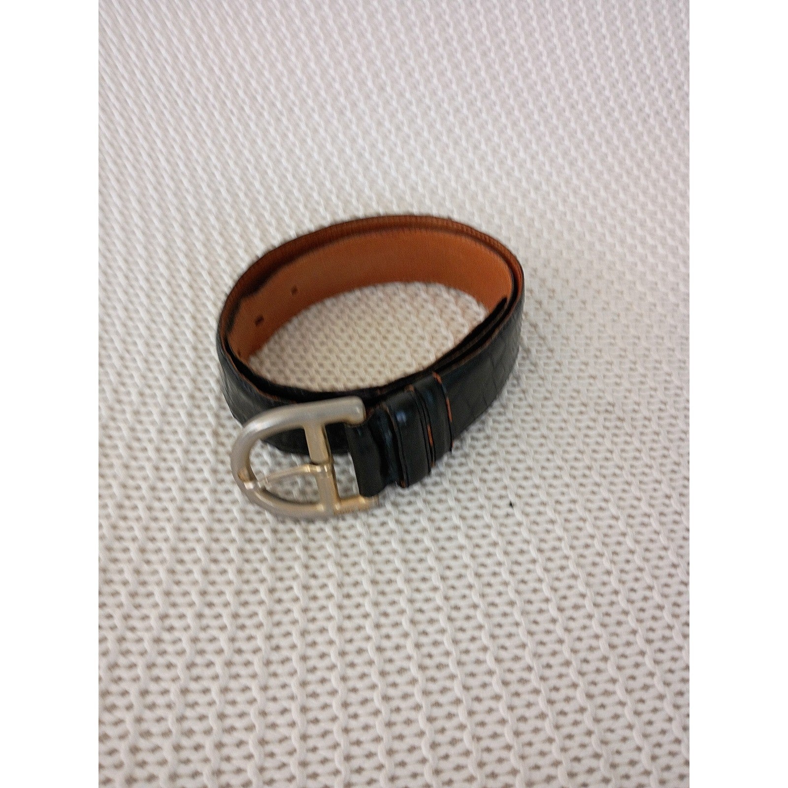 VTG DKNY Black Croc Embossed Leather Belt Silver Buckle USA Small