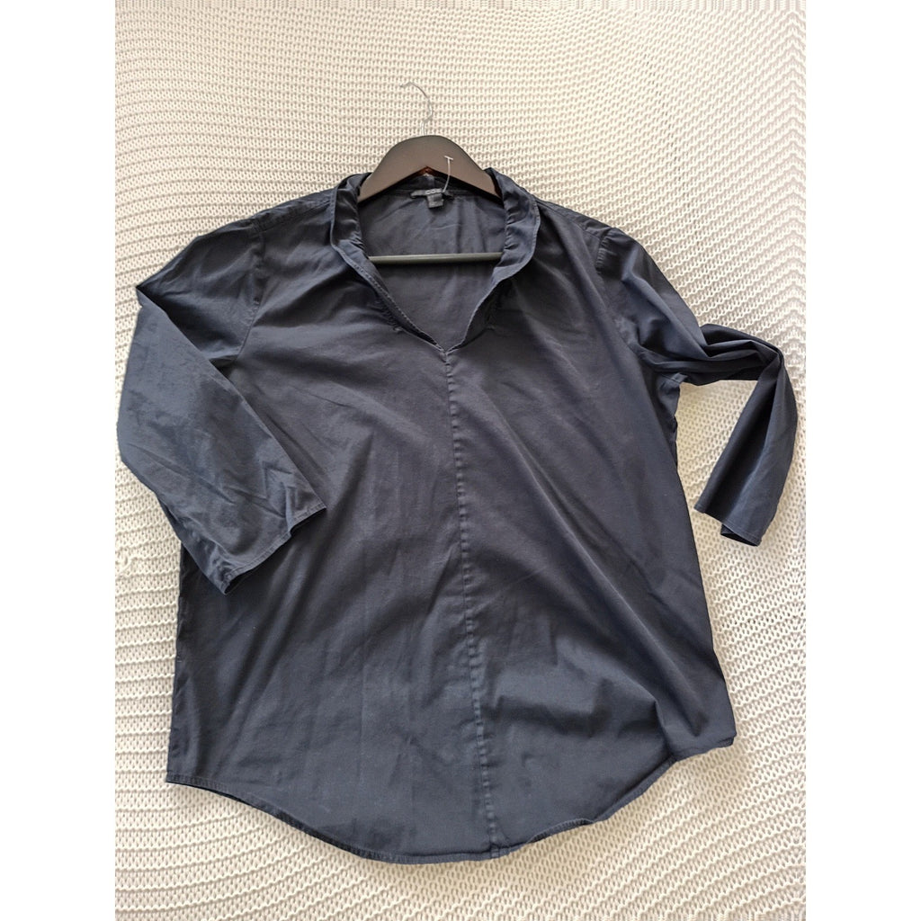COS Navy Blue V-Neck Ruffle Trim 3/4 Sleeve Cotton Blend Blouse Top Small $89