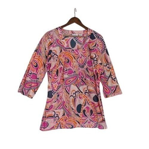 Liz Claiborne 100% Cotton Tunic Top Pink Orange Paisley 3/4 Sleeve V-Neck Fits L
