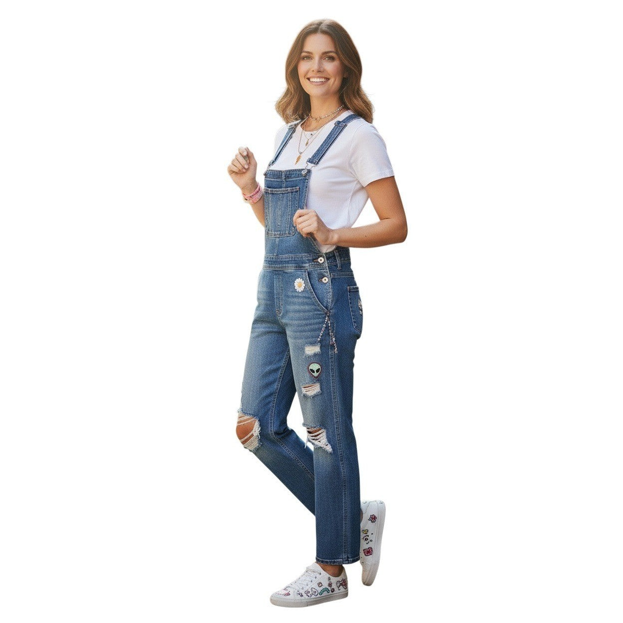 Honey Punch Blue Distressed Denim Overalls L Ripped Straight Leg Y2K Vintage Sty