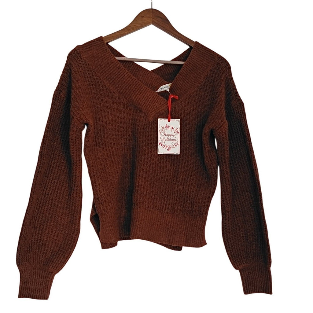 PINK ROSE NWT Cozy Rusty Brown Cross-Neck Waffle Knit Sweater Size S Casual Chic