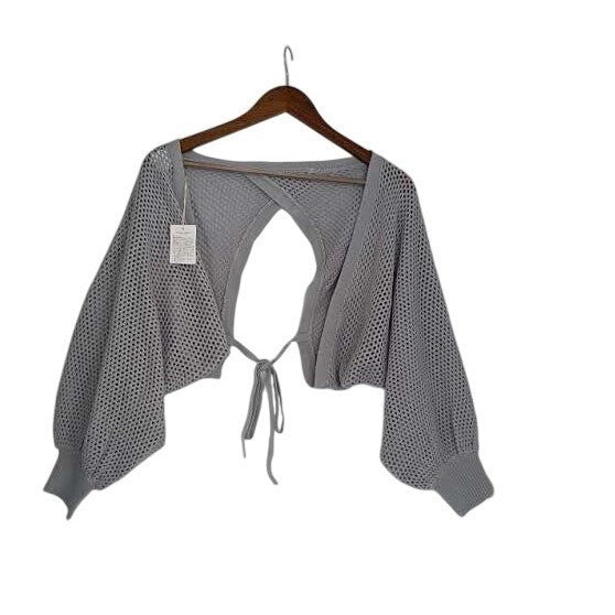 New AF Grey Mesh Open Back Tie Front Cropped Cardigan Sweater Sleeve Top Fit All