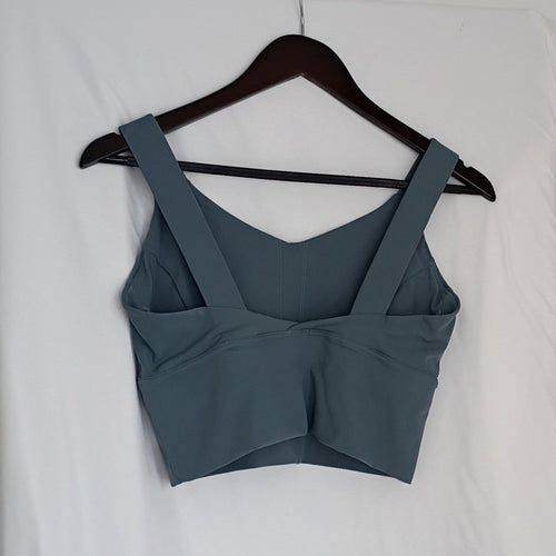 Athleisure Slate Blue Longline V-Neck Sports Bra Wrap Back Activewear Top L $48