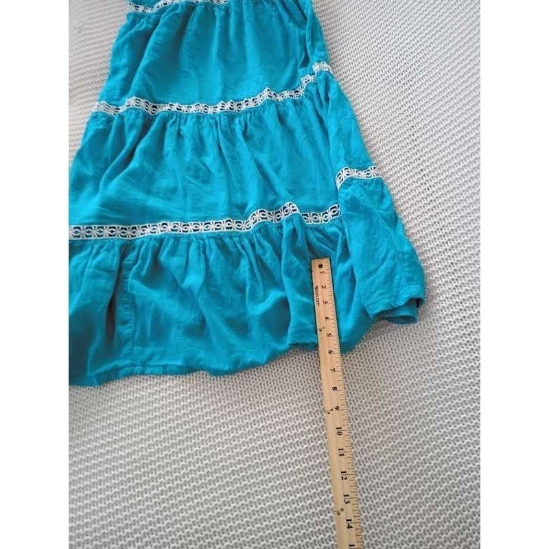 Rachel Zoe Linen Blend Tiered Midi Dress Teal Crochet Lace Boho Cottage S