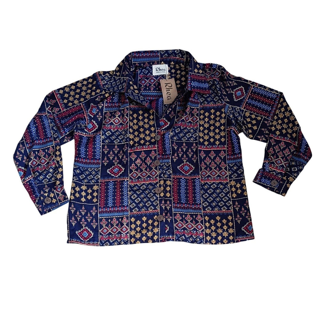 RHEA NWT Silk Blend Navy Patchwork Block Print Button Down Shirt S/M Boho India