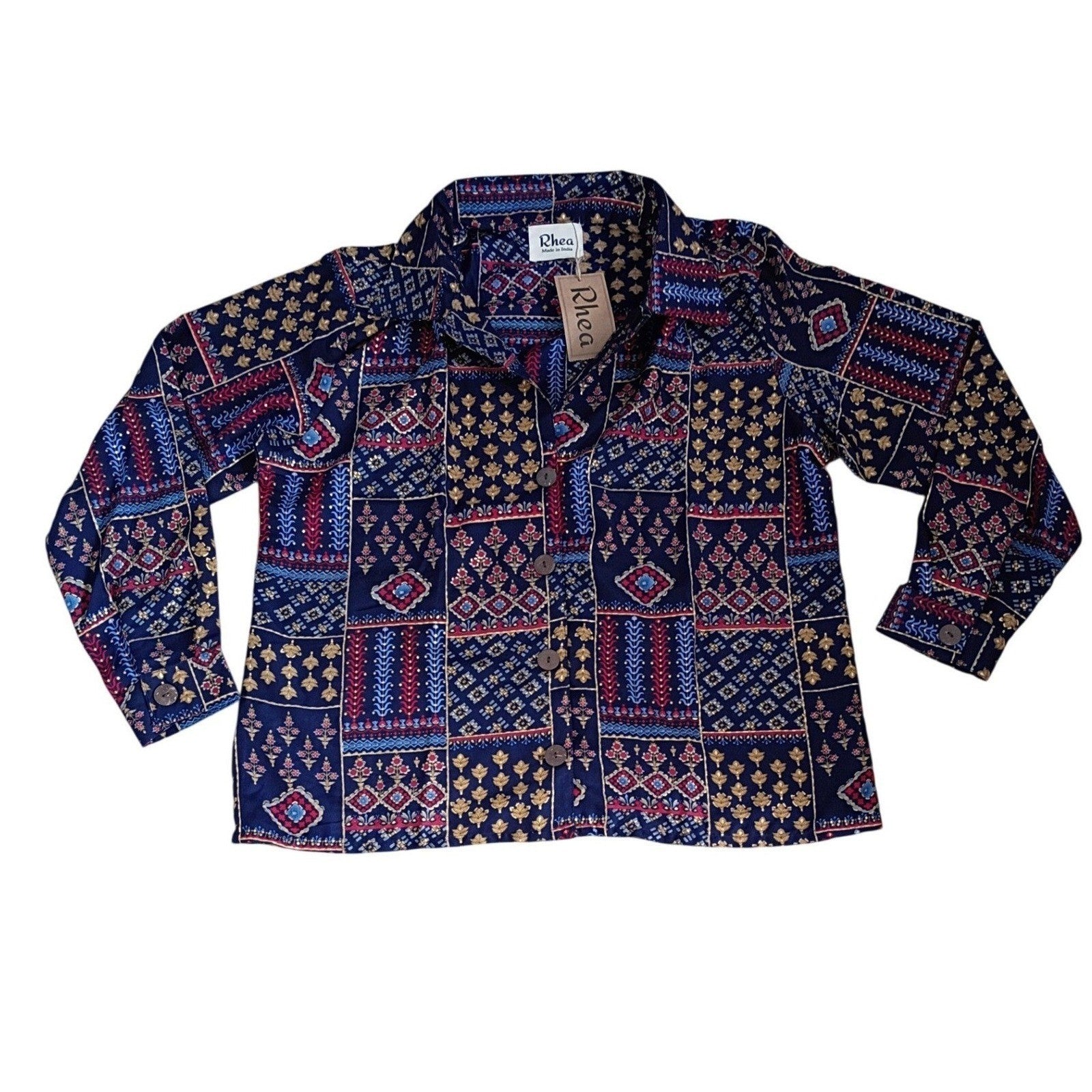 RHEA NWT Silk Blend Navy Patchwork Block Print Button Down Shirt S/M Boho India
