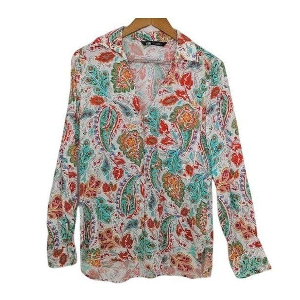 Paisley Print Button Up Shirt Small White Multi Color Boho Retro Chic Zara