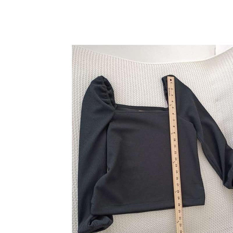 Madewell Romantic Soft Girl Black Square Neck Puff Sleeve Top Fitted Knit S