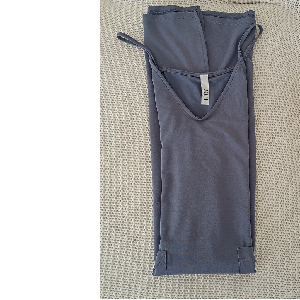 Jolie Gray Slip Midi Dress V Neck Spaghetti Strap Pockets Effortless S