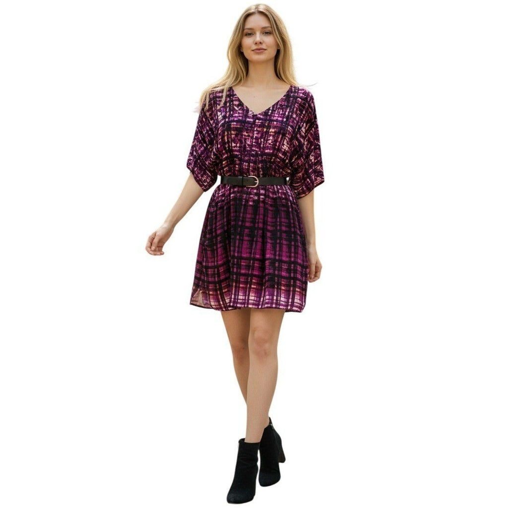 Maeve Anthropologie Purple Abstract Plaid Dolman Sleeve Dress S/M Boho Artsy