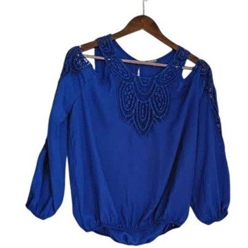 Vintage Charlotte Russe Y2K Royal Blue Cold Shoulder Crochet Lace Top L Festival