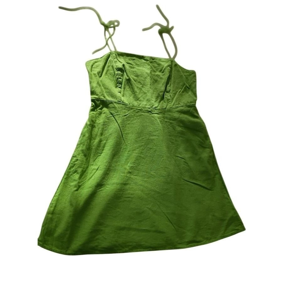 Old Navy Green Smocked Linen Blend Square Neck Tie Shoulder Mini Dress Women L
