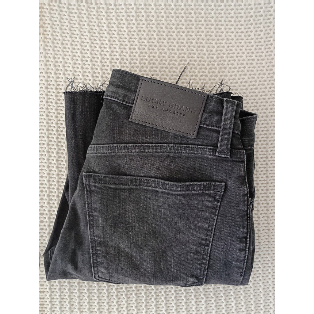 Lucky Brand Ava Mid Rise Crop Mini Boot Jeans Black Raw Hem  26x24 NWOT $99 MSRP