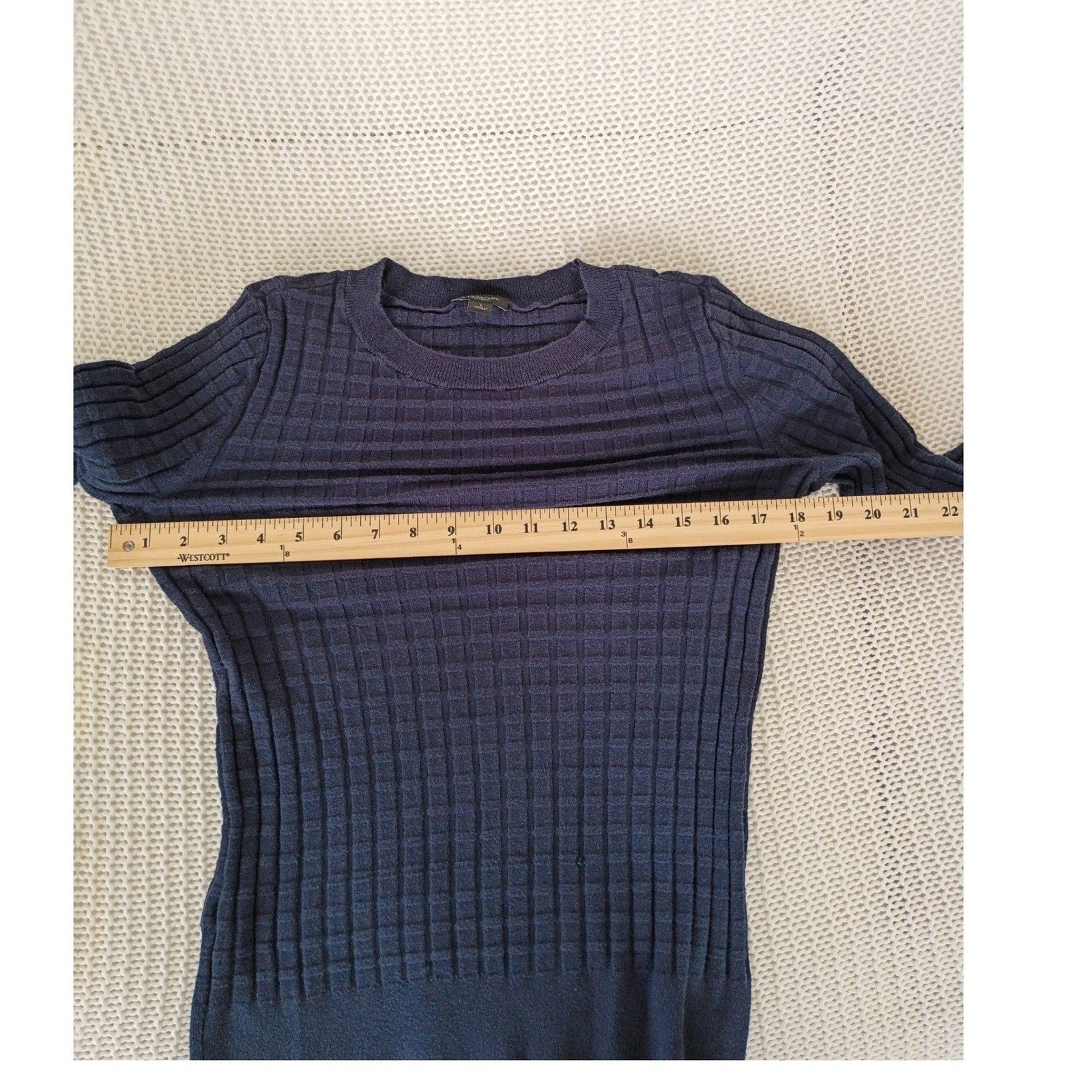 Ann Taylor Cotton Wool Sweater Navy Textured Crew Neck Quiet Luxury S