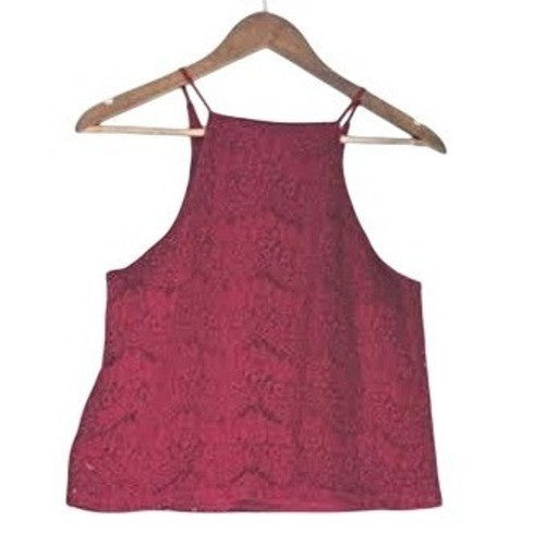 MONTEAU LA Burgundy Lace Halter Top S Romantic Coquette Elegant Cotton Blend