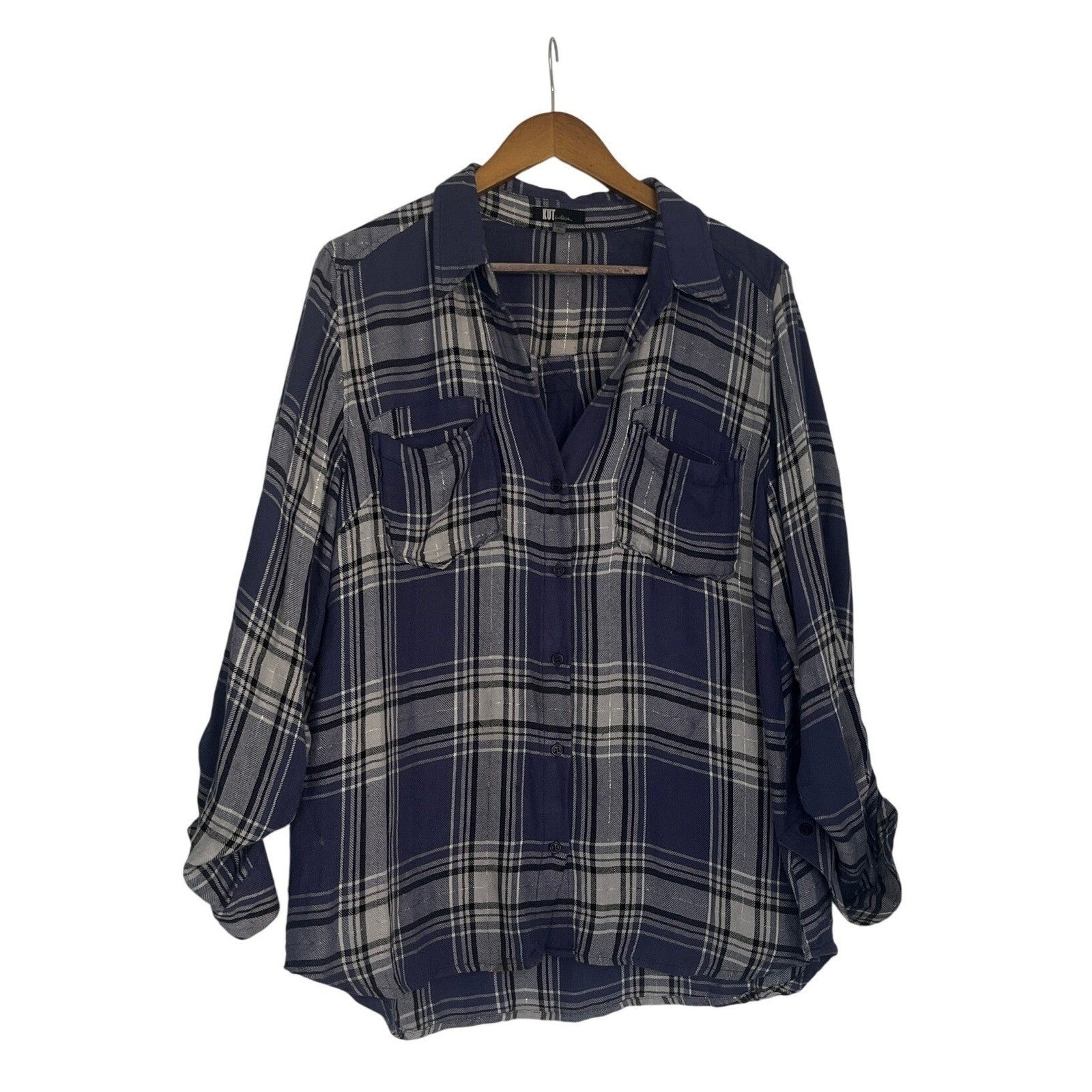 KUT from the Kloth Plaid Flannel Button Up Shirt Blue Black White Size L