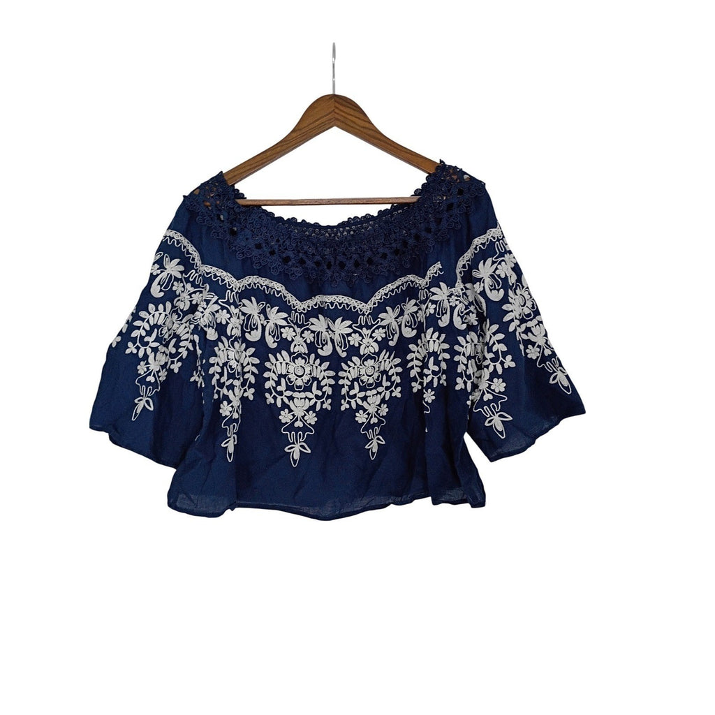 Flying Tomato Navy 100% Cotton Embroidered Crochet Off Shoulder Boho L