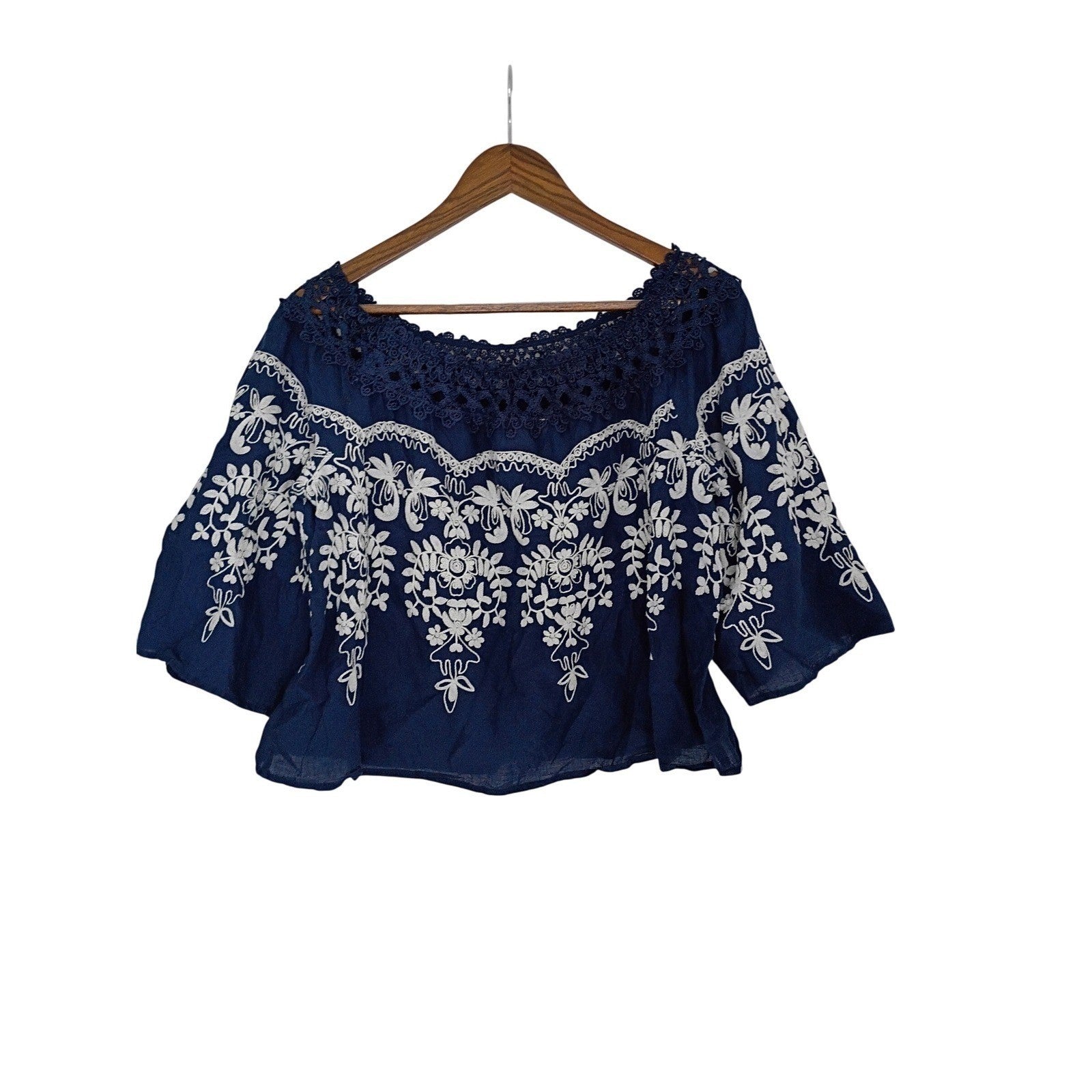 Flying Tomato Navy 100% Cotton Embroidered Crochet Off Shoulder Boho L