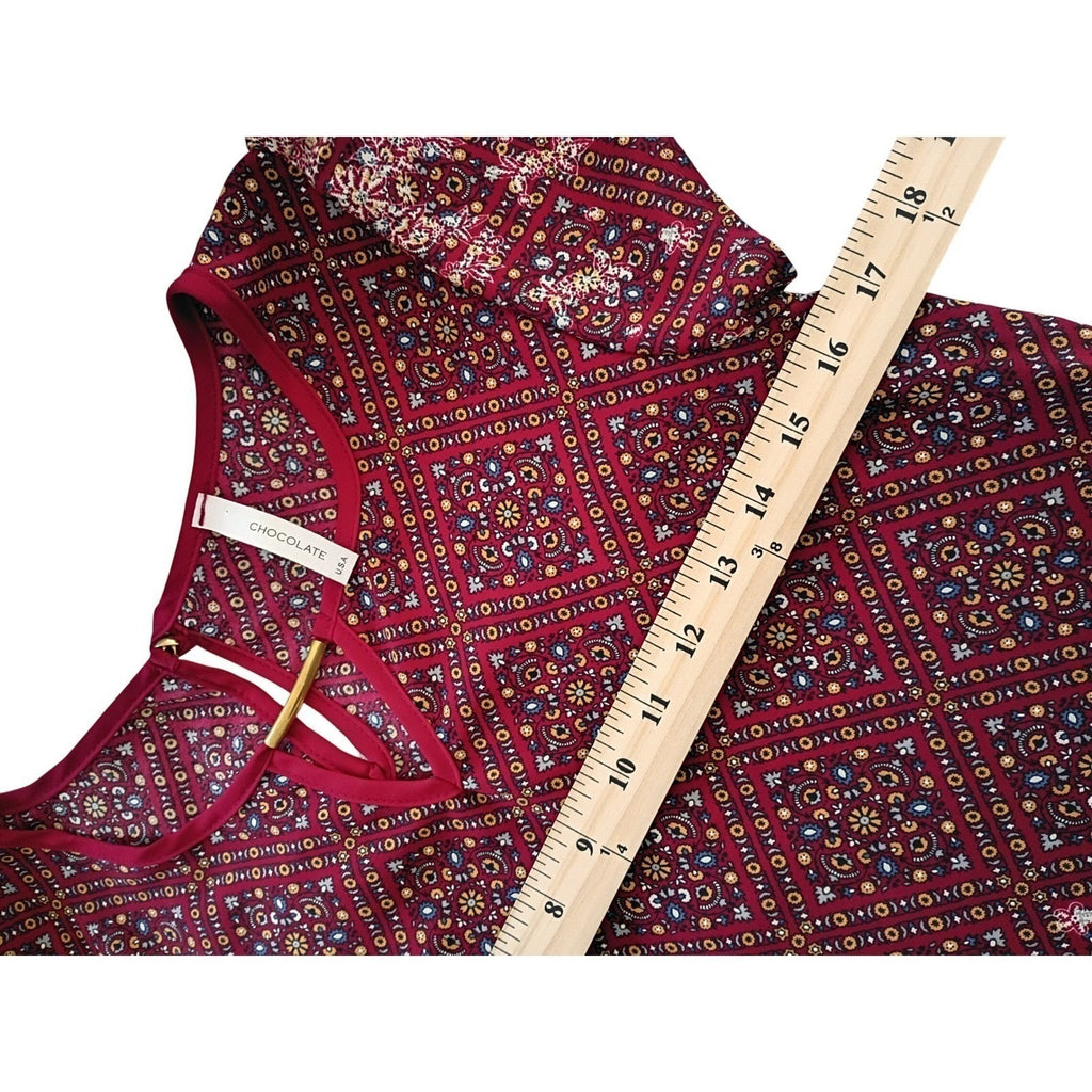 CHOCOLATE USA Red Geometric Print Keyhole Neck Blouse Top Small