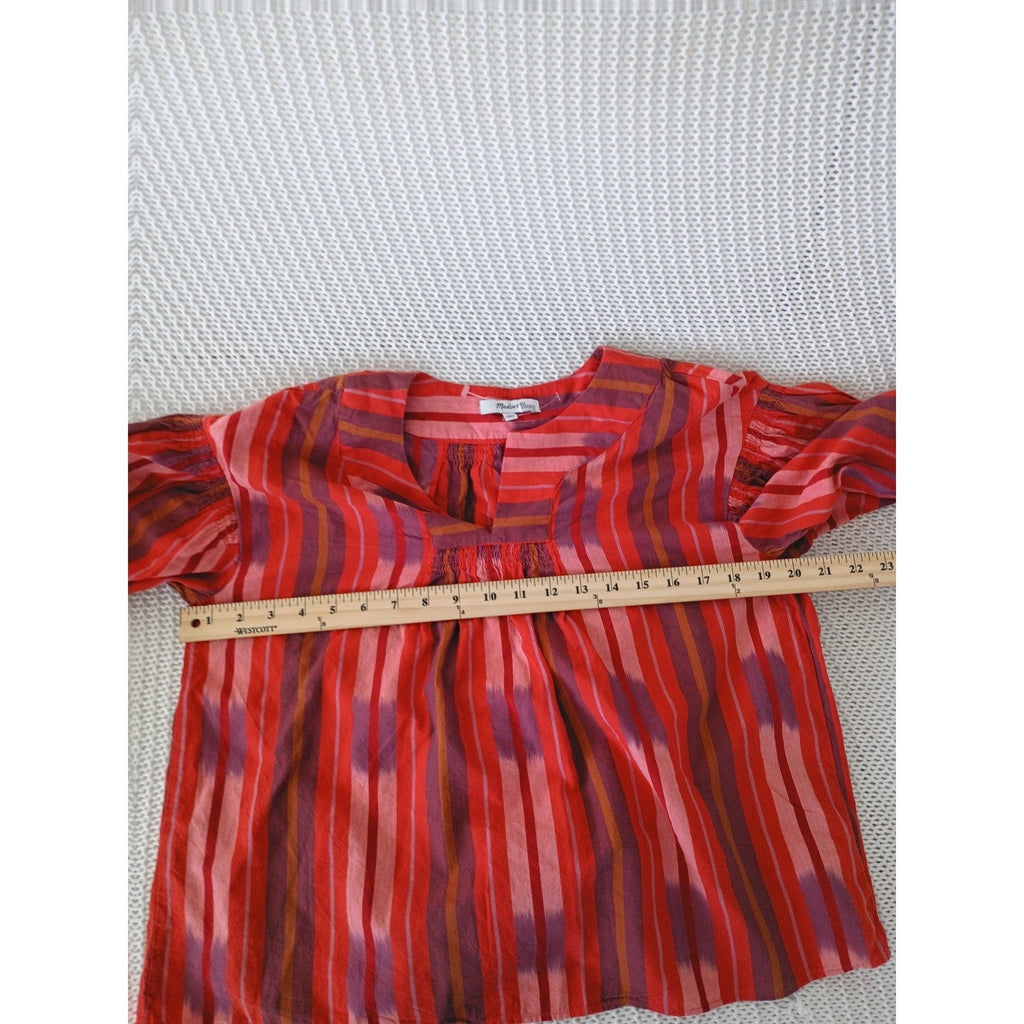 Madewell Red Boho Ikat Stripe 100% Cotton Tie Cuff Blouse Fits S M NWOT $78