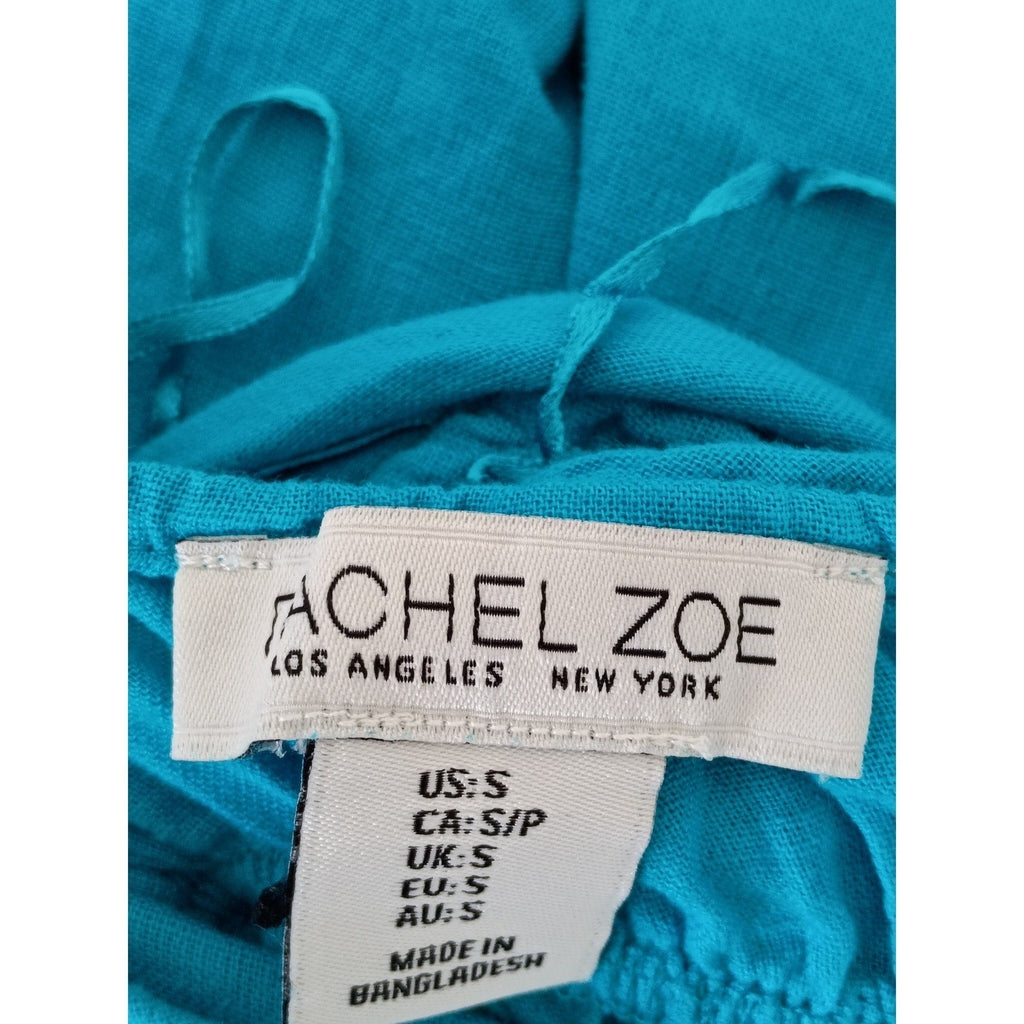 Rachel Zoe Linen Blend Tiered Midi Dress Teal Crochet Lace Boho Cottage S