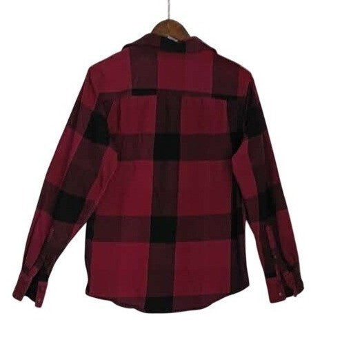 Arizona Jean Co 100% Cotton Flannel Shirt Buffalo Plaid Burgundy Blck Long Slv M