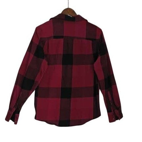 Arizona Jean Co 100% Cotton Flannel Shirt Buffalo Plaid Burgundy Blck Long Slv M