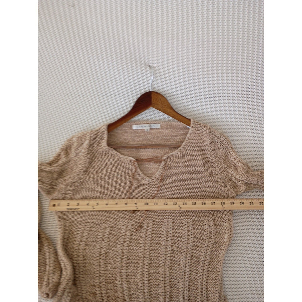 Max Studio Tan Beige Lace Up Hippie V-Neck Open Knit Ribbed Sweater S Coastal