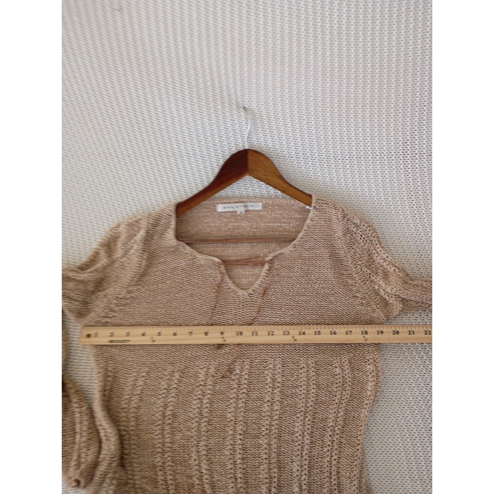 Max Studio Tan Beige Lace Up Hippie V-Neck Open Knit Ribbed Sweater S Coastal