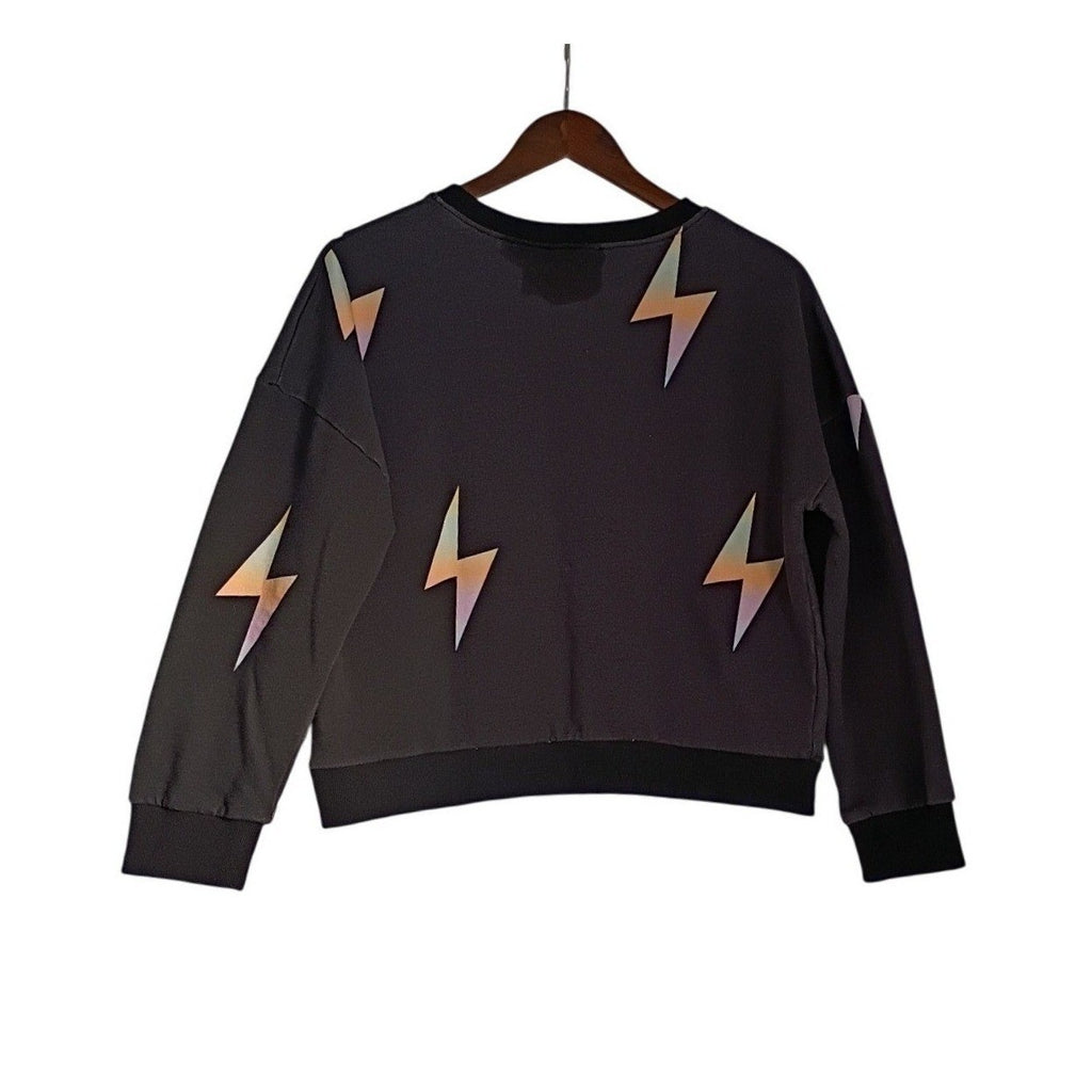Storia Black Lightning Bolt Cropped Sweatshirt L 85% Cotton Retro Streetwear