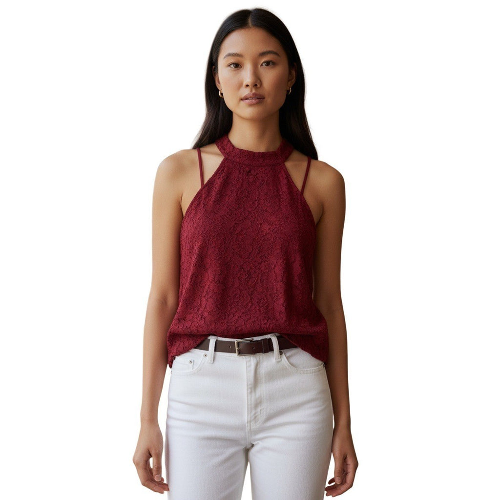 MONTEAU LA Burgundy Lace Halter Top S Romantic Coquette Elegant Cotton Blend