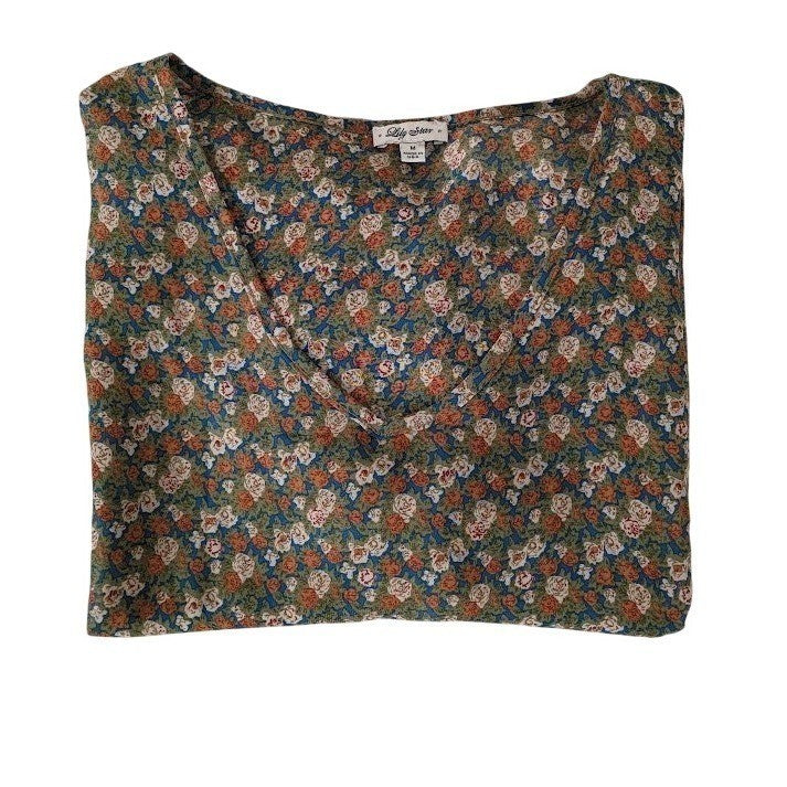 Lily Star Sheer Floral Blouse Crochet Trim V Neck Romantic Boho M USA