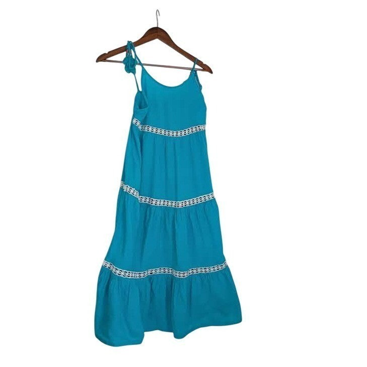 Rachel Zoe Linen Blend Tiered Midi Dress Teal Crochet Lace Boho Cottage S