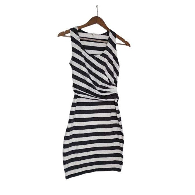 Rachel Roy Black/Wht Cotton Striped Slvless Draped Sheath Midi Dress Fits S $129