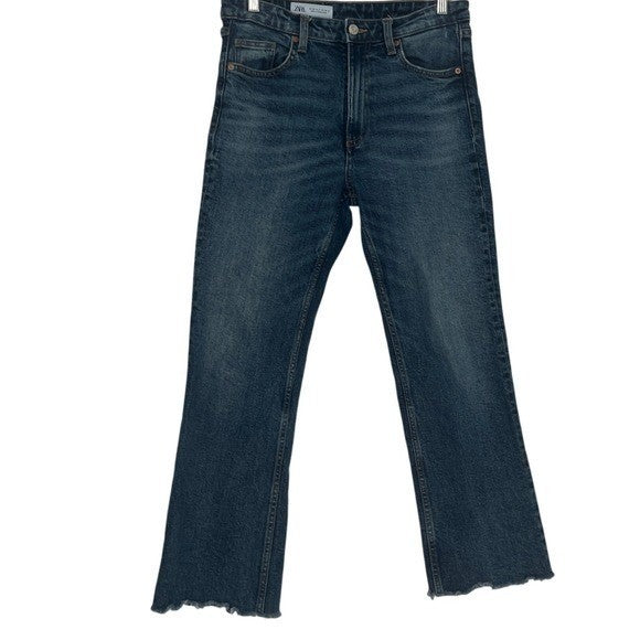 ZARA Blue Denim Cropped Bootcut Flare Jeans 28x25 Raw Hem High Rise Y2K Retro