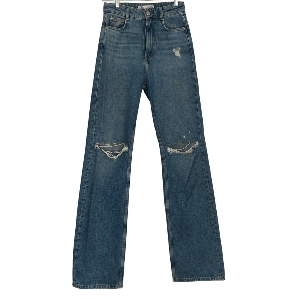 ZARA High Waist Straight Leg Distressed Blue Jeans 2 26x33 Tall 90s Grunge Y2K