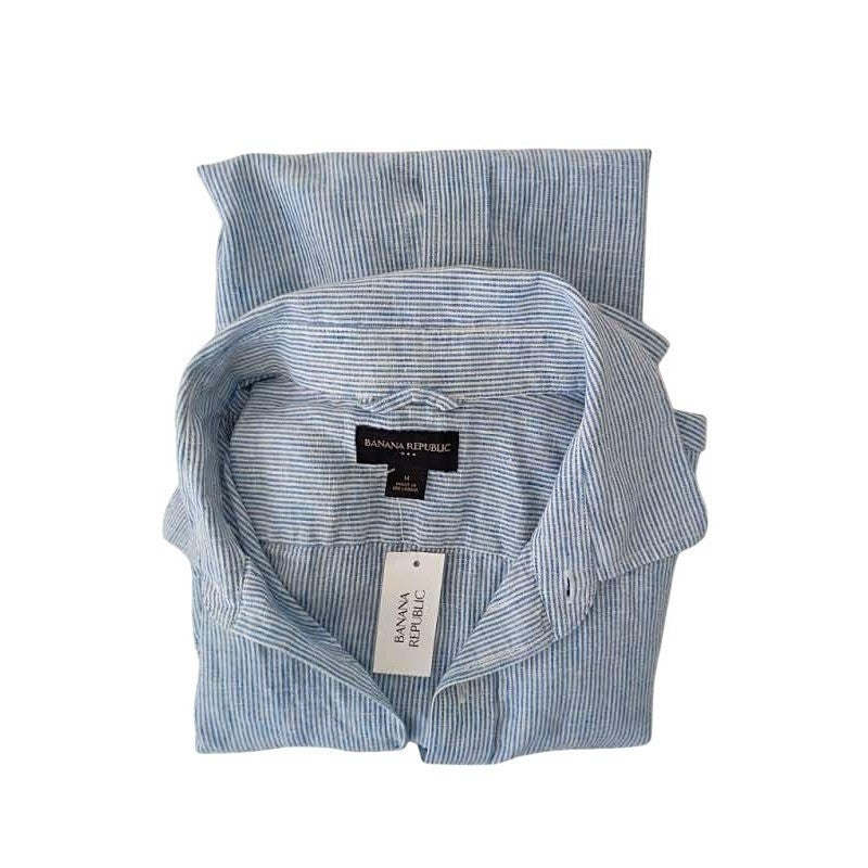 New Banana Republic Blue White Stripe 55% Linen  Button Down Shirt Men Medium M