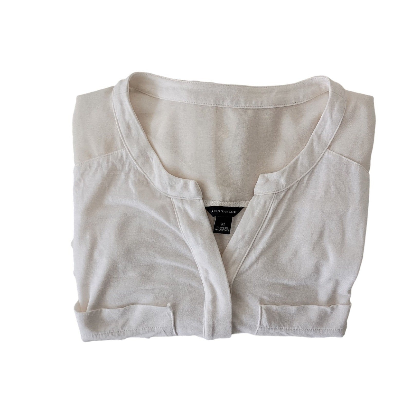 Ann Taylor White Sheer Panel Button Front Blouse Top Size M