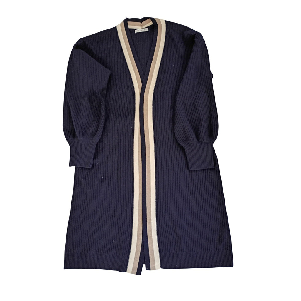 Coastal Grandma Navy Striped Ribbed Tie Waist Long Cardigan William B