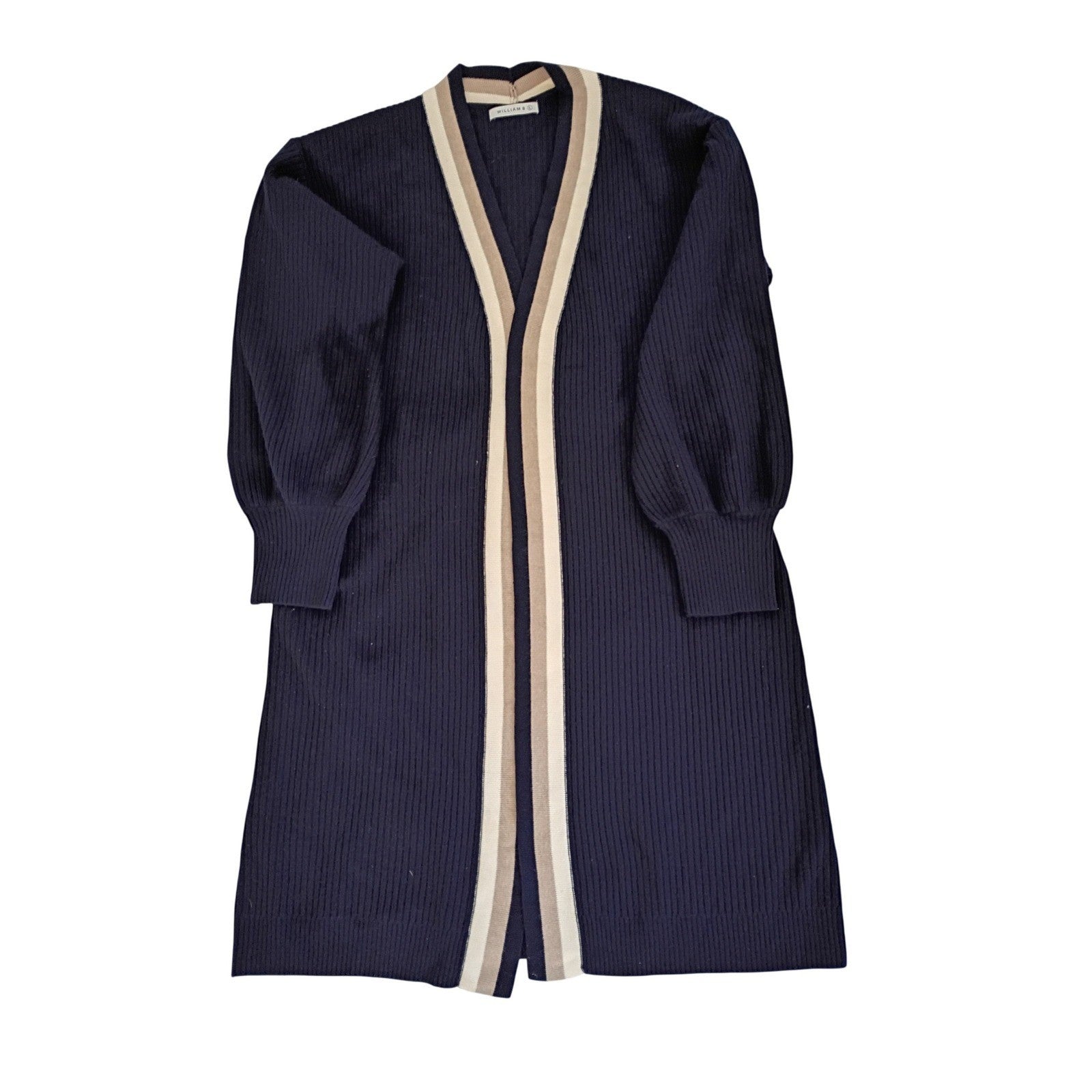 Coastal Grandma Navy Striped Ribbed Tie Waist Long Cardigan William B