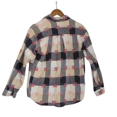 COMPANY ONE Plaid Americana Flag Patchwork Button Down Shirt L 100% Cotton