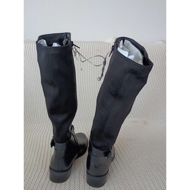 E TOO Black Leather Knee High Riding Boots Low Block Heel Buckle Detail 9