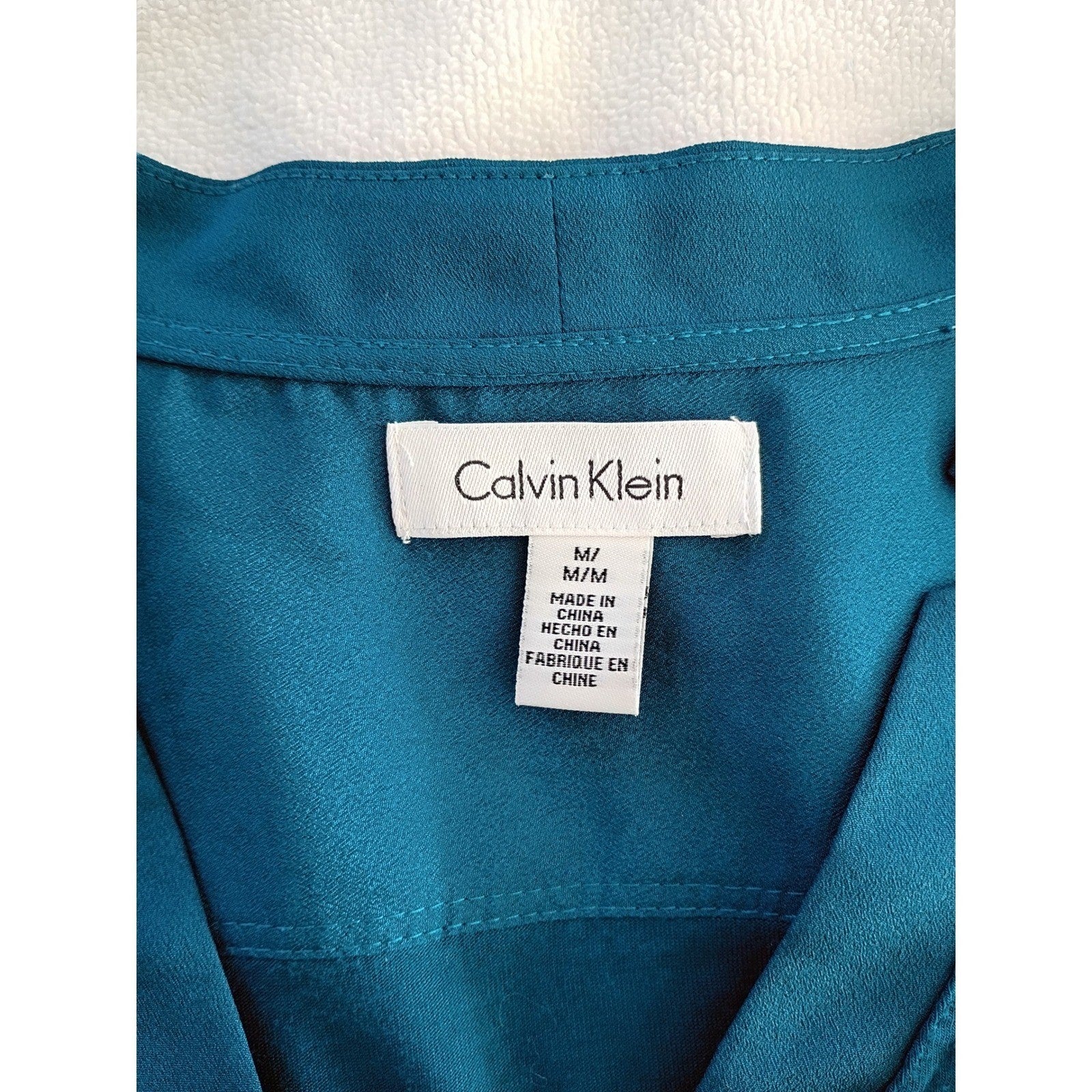 Calvin Klein Teal Blue 3/4 Sleeve V Neck Roll Tab Pocket Shirt Women's M