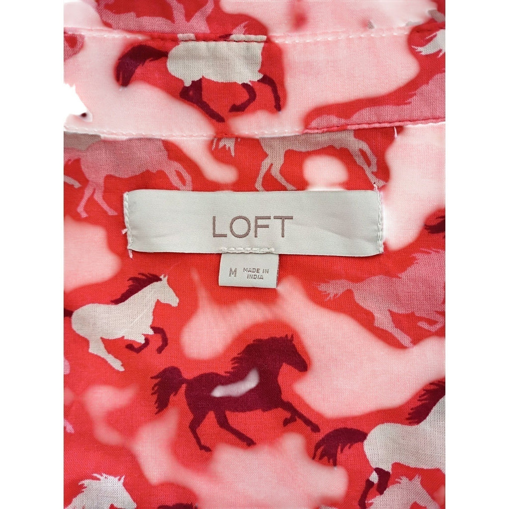 LOFT $60 Red Horse Equestrian Print Cotton Shirt Medium M Long Sleeve Preppy