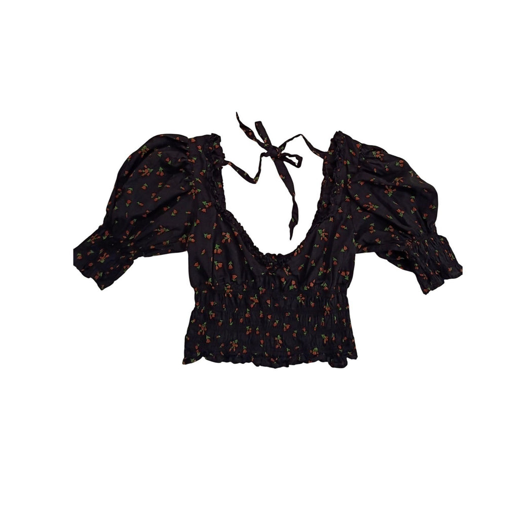 Urban Outfitters Navy Floral Puff Sleeve Smocked Top S Tie Back Coquette Boho