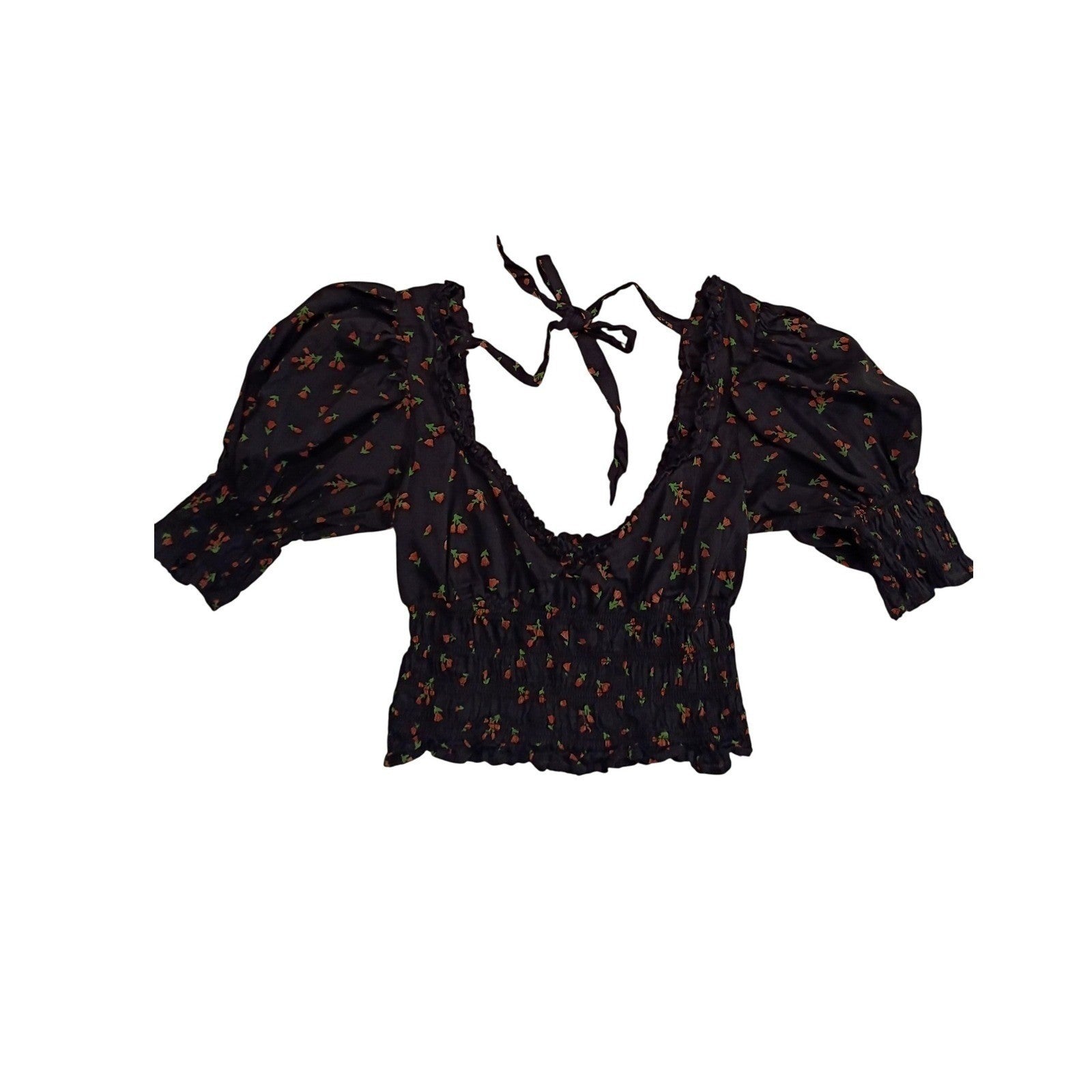 Urban Outfitters Navy Floral Puff Sleeve Smocked Top S Tie Back Coquette Boho