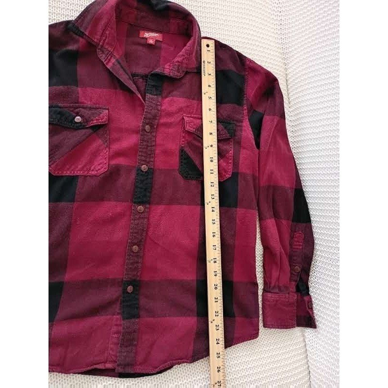 Arizona Jean Co 100% Cotton Flannel Shirt Buffalo Plaid Burgundy Blck Long Slv M