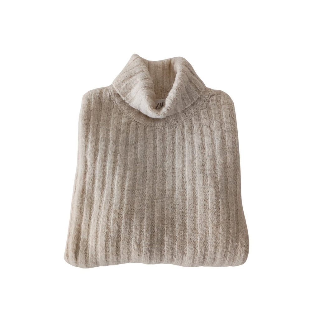 Zara NWT Cream Ribbed Cropped Turtleneck Sweater Long Sleeve Minimalist S XS