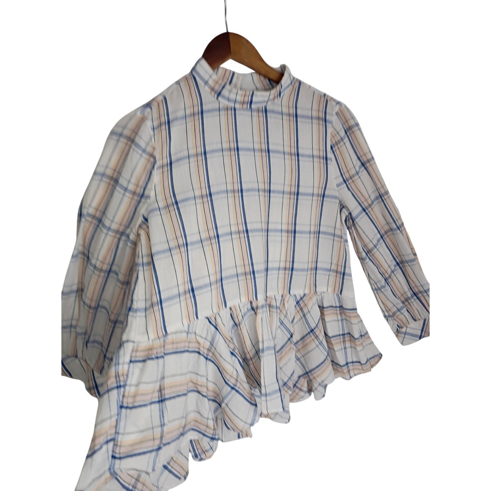 Maeve Anthropologie Plaid Striped Peplum Blouse Coquette Romantic Cottagecore S