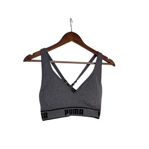 Puma Heather Grey Seamless Cross Back Sports Bra Logo Band Adjustable Small S